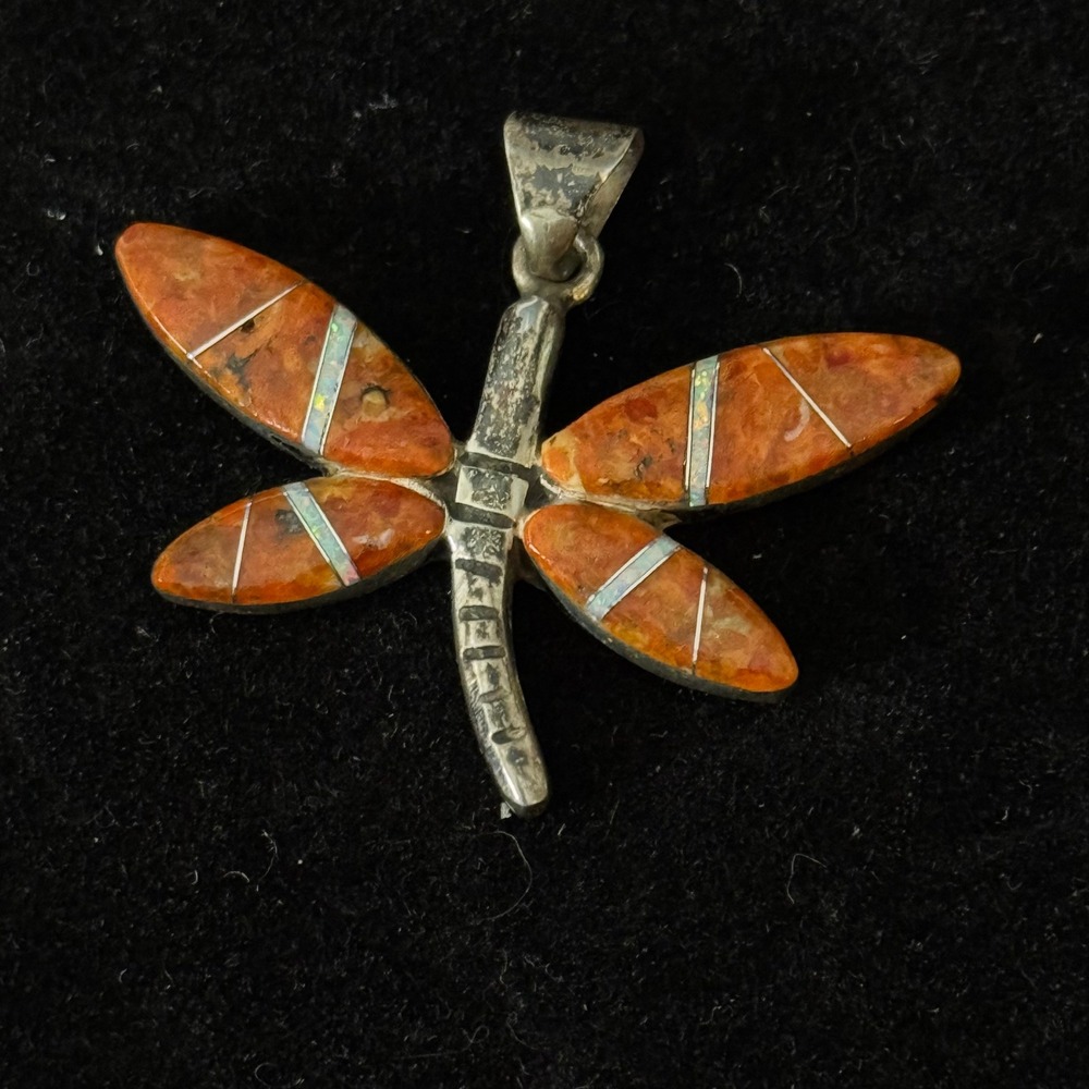 Vintage Spiny Oyster Opal Inlay Dragonfly Pendant Silver Tone Southwestern Boho